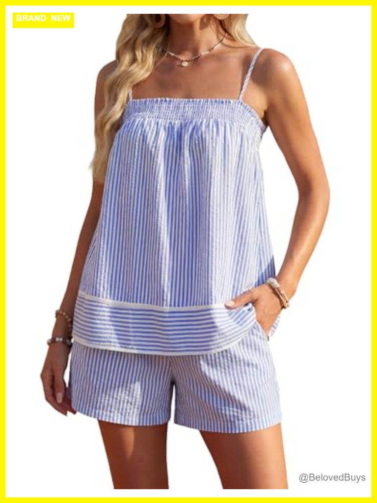 Women Two Piece Lounge Set Striped Camisole Top Matching Shorts With Pockets